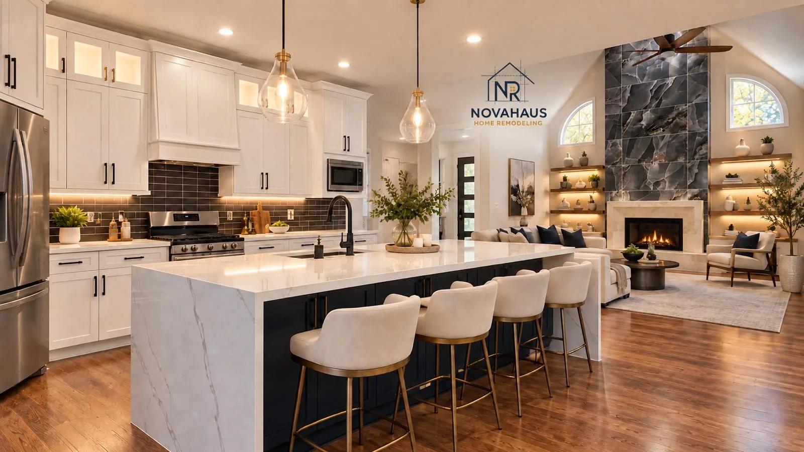 Kitchen and living room remodeled by Novahaus Remodels in Atlanta